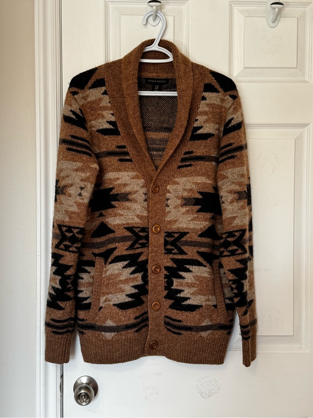 Men's Shawl Collar Southwestern Aztec Cardigan Sweater in Brown